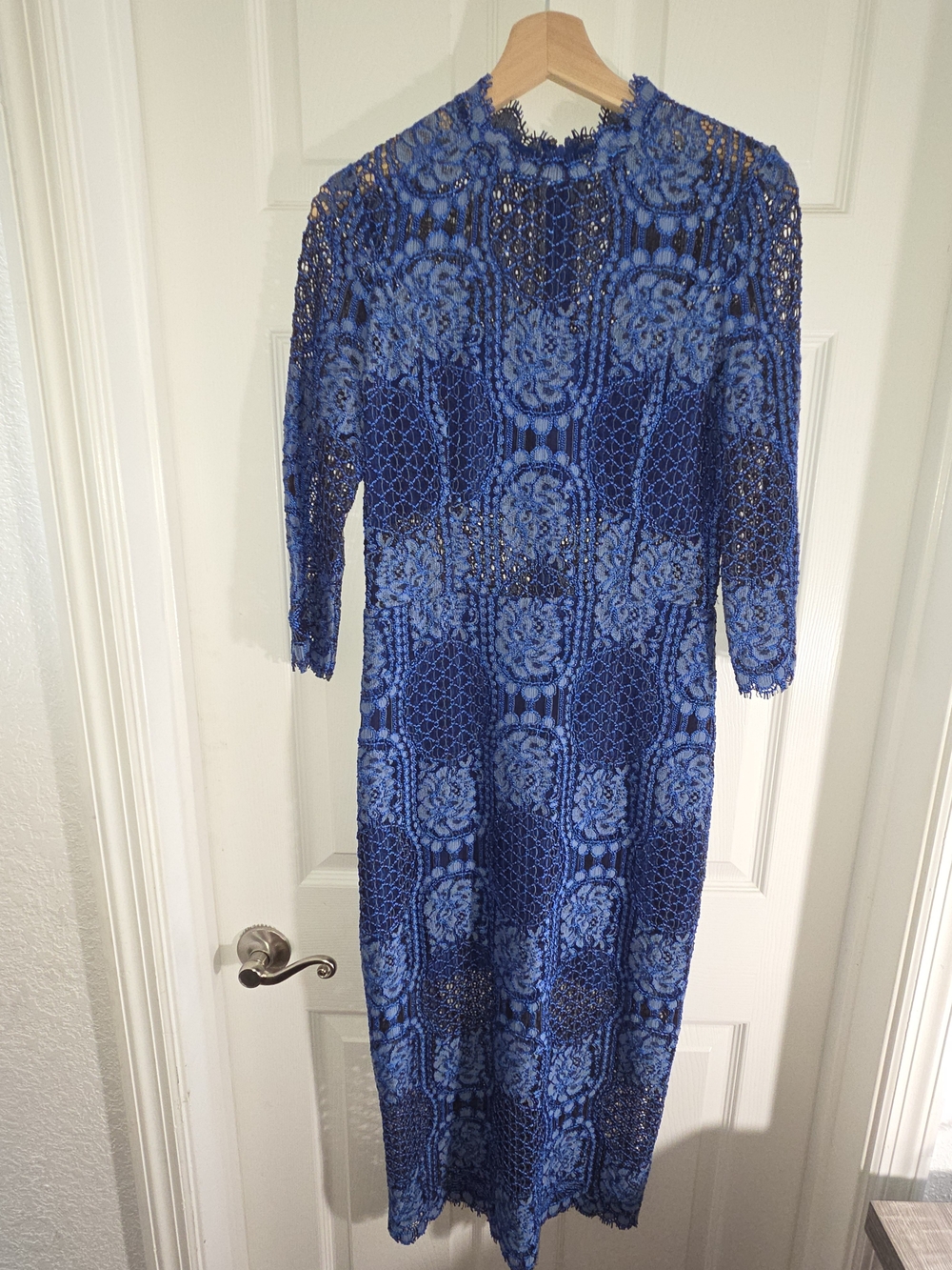 Alexis Royal Blue Lace Midi Dress with High Neckline